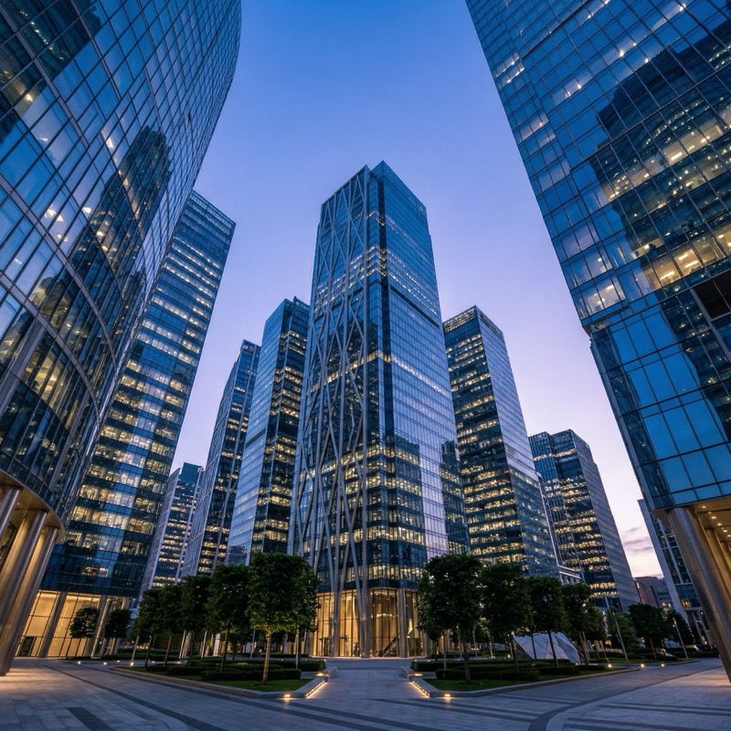 Ultra Realistic Architectural Photograph Of A Modern Business District With Sleek Glass