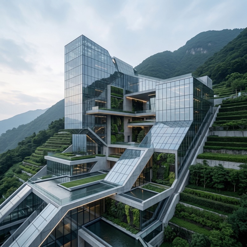 Modern Glass Eco Resort on Terraced Mountainside
