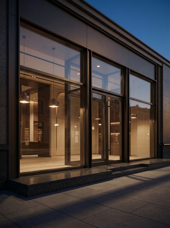 Modern glass storefront at dusk