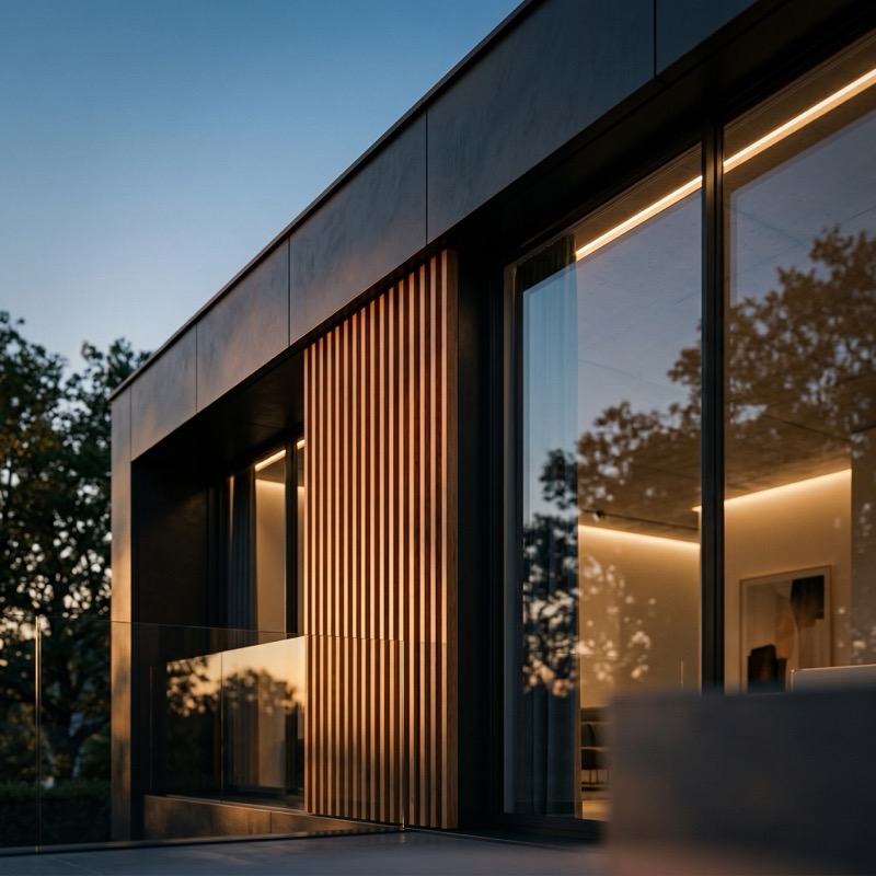 Photorealistic Blue Hour Architectural Exterior Of A Minimalist Modern House