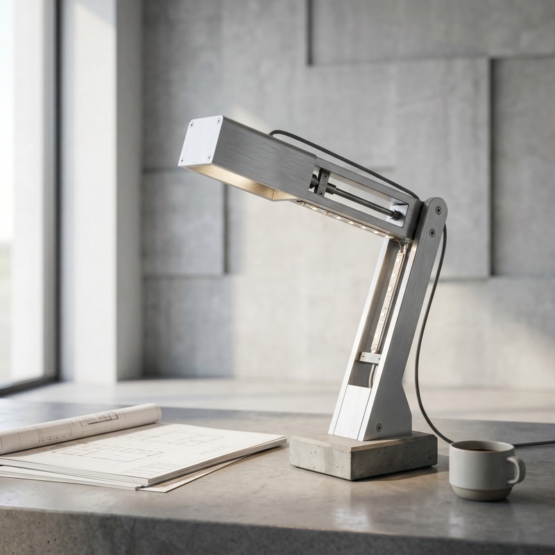 Modern industrial desk lamp on concrete workspace