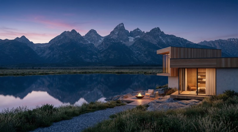 Modern lakeside cabin at dusk with mountain view