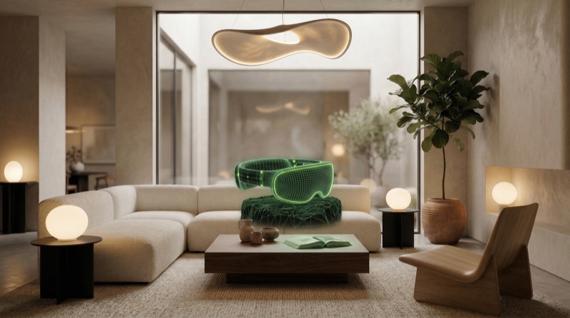 Modern living room with AR headset wireframe overlay