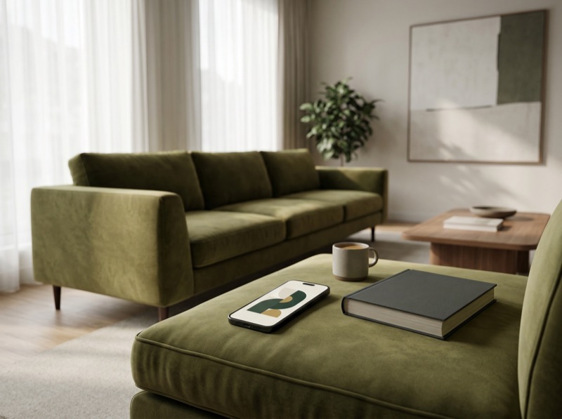 Modern living room with green sofa and coffee table