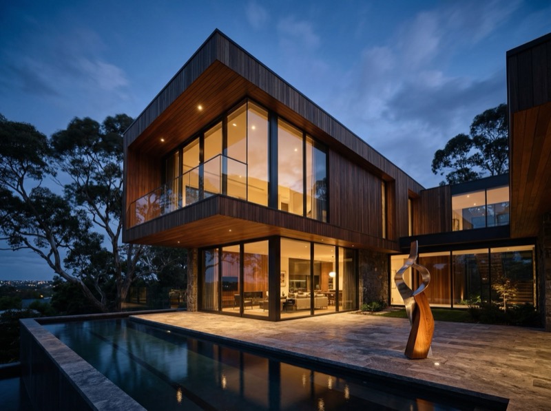 Photorealistic Blue Hour Architectural Exterior Of A Minimalist Modern House