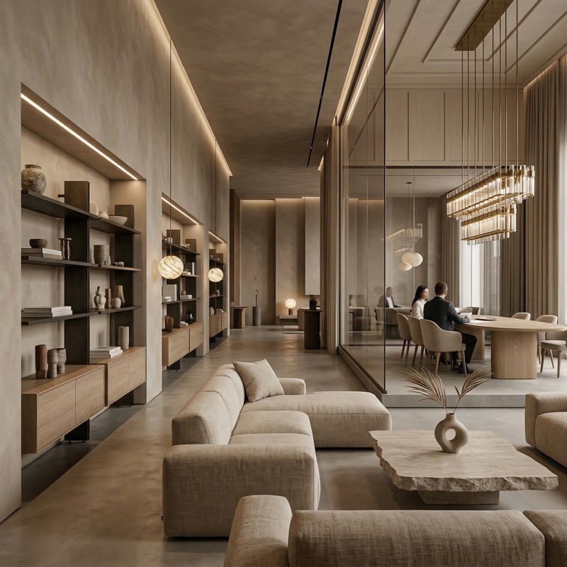 Modern luxury lounge with glass-walled meeting room