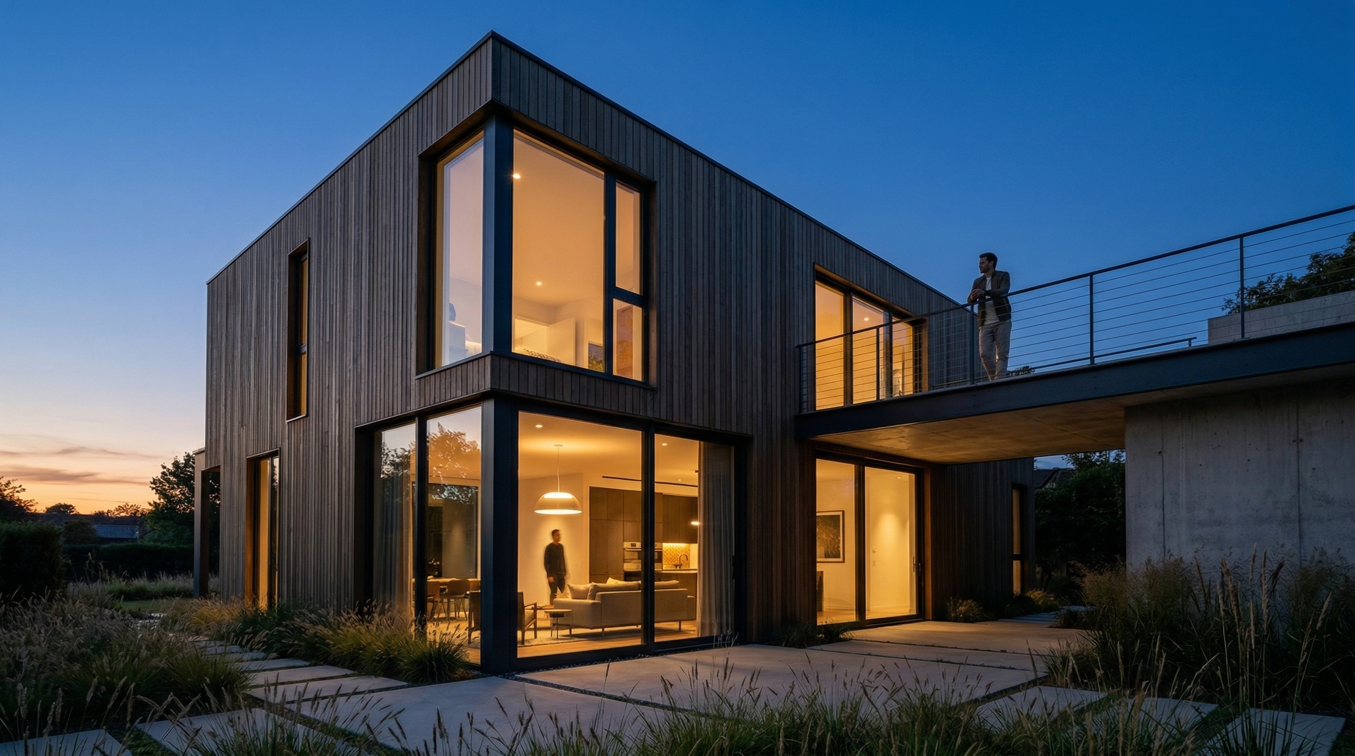 Photorealistic Blue Hour Architectural Exterior Of A Minimalist Modern House