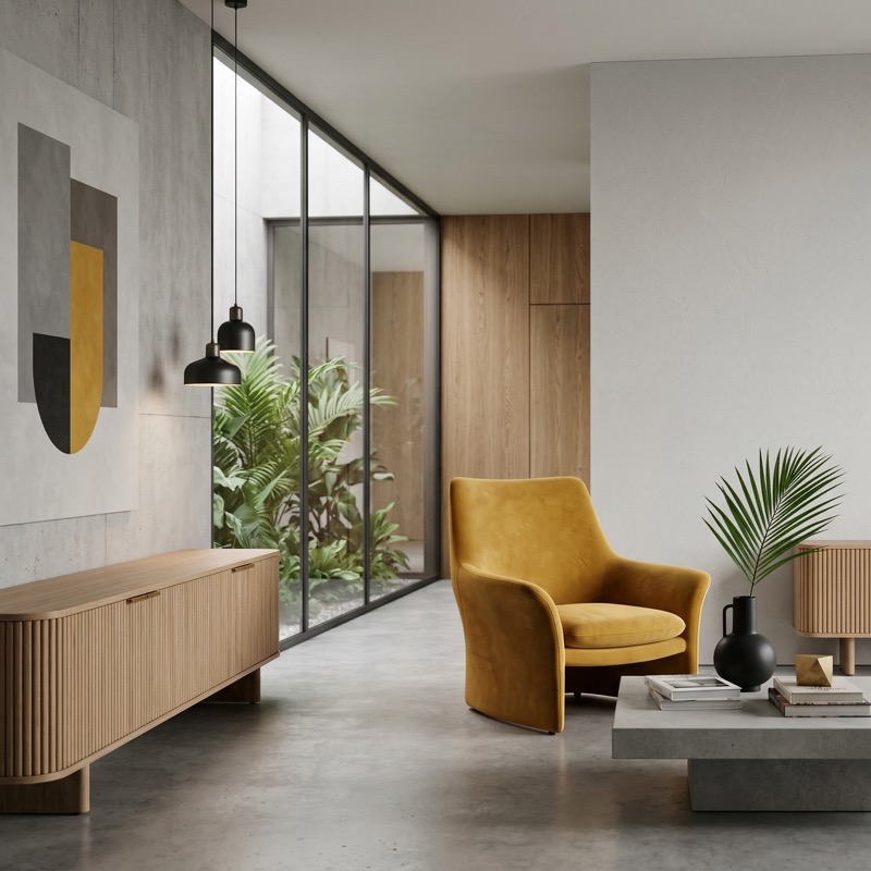 Modern minimalist lounge with mustard armchair
