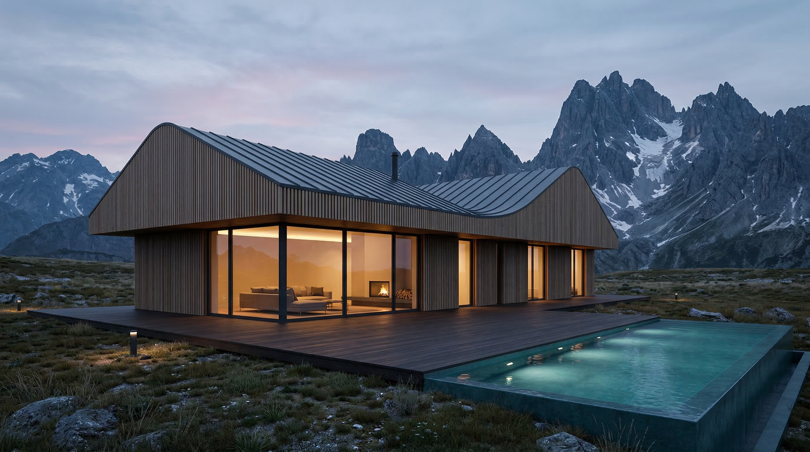 Modern Mountain Cabin with Pool at Dusk