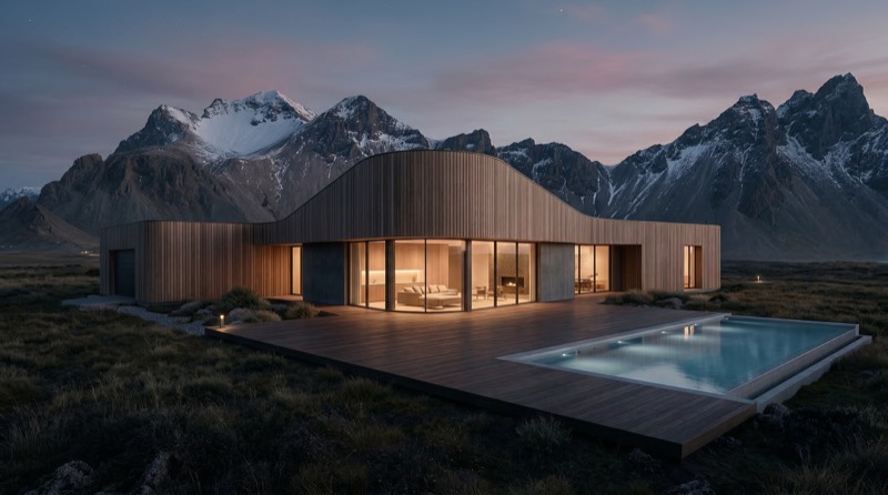 Modern mountain home with pool at twilight
