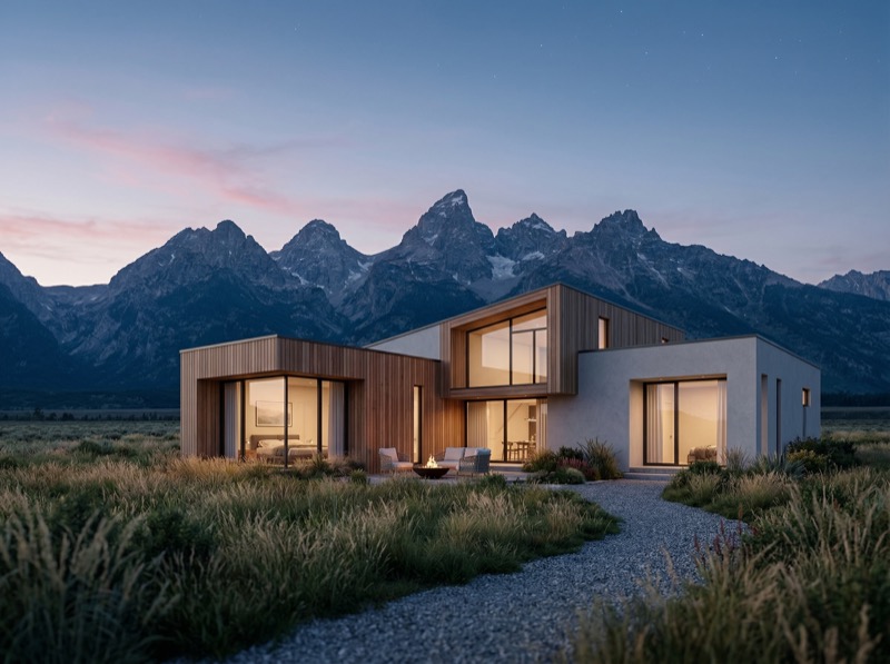 Modern mountain house at dusk with warm interior light