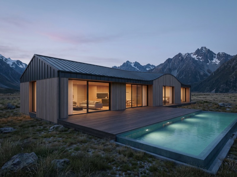 Modern mountain retreat with pool at dusk