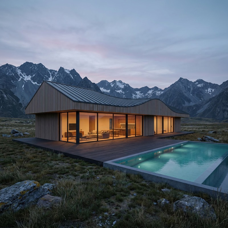 Modern mountain retreat with pool at dusk 2