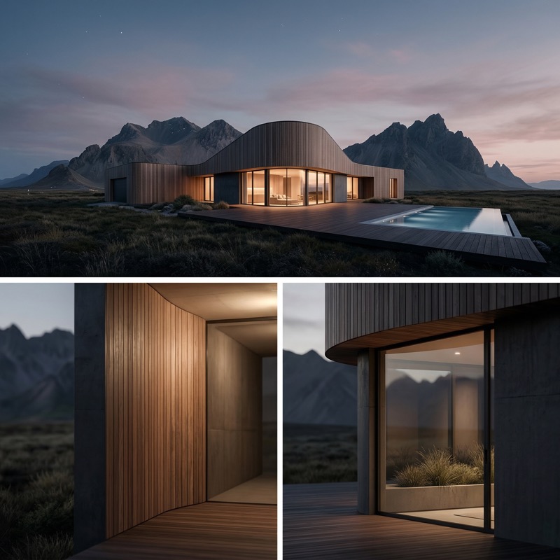 Modern mountain villa with pool at dusk