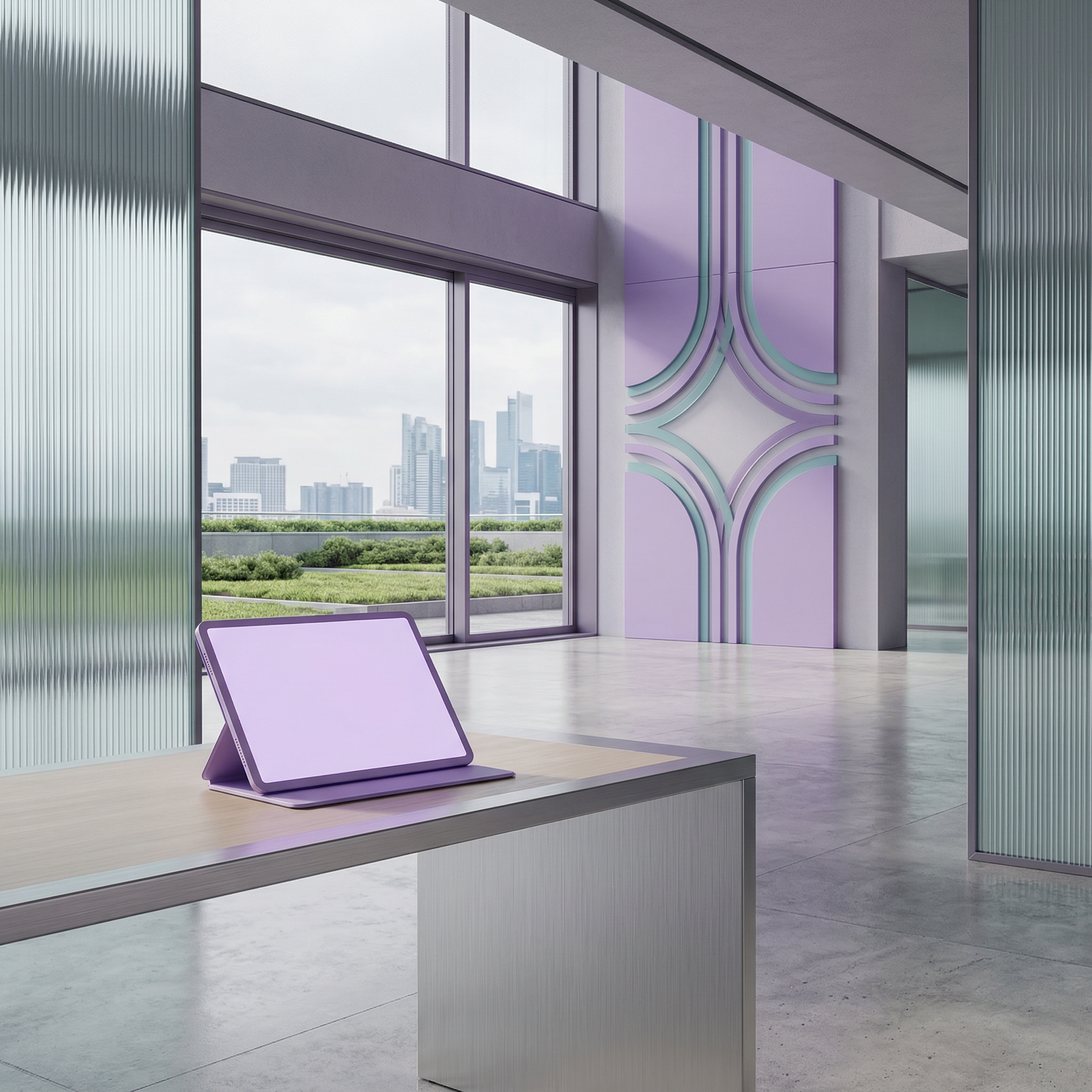 Modern office interior with purple tablet display