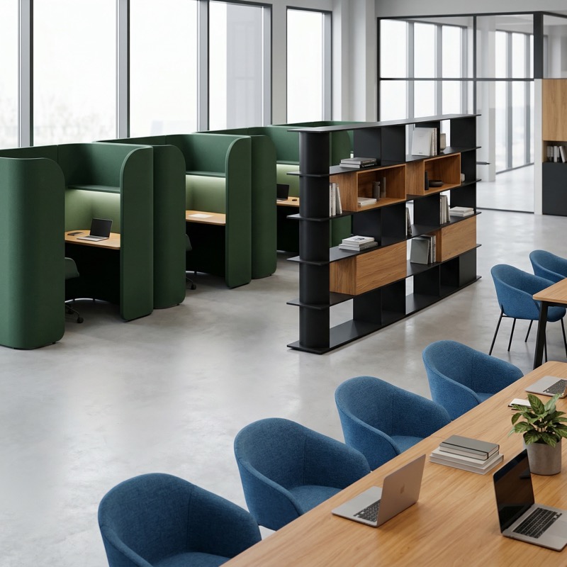 Modern open-plan office with booths and meeting table