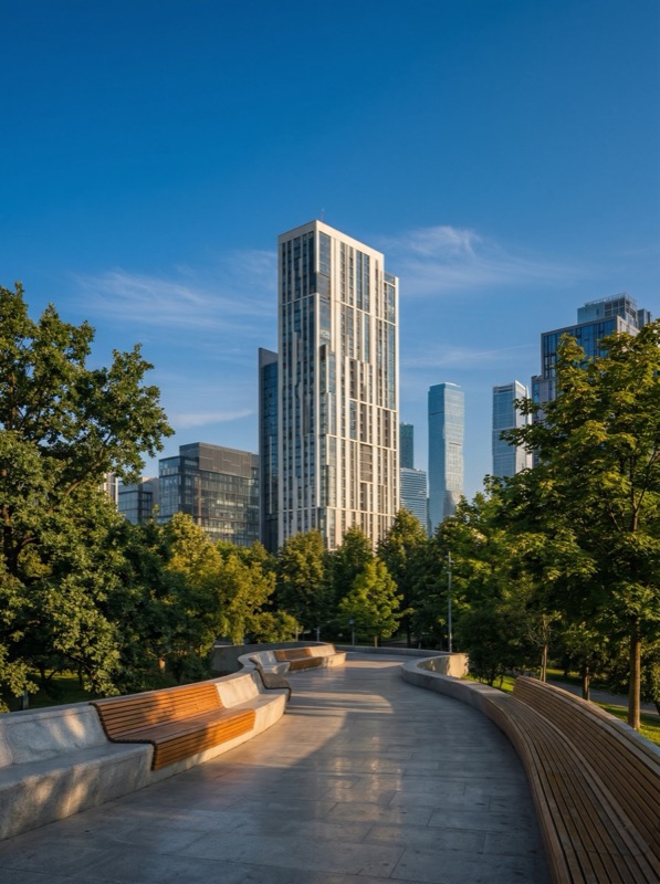 Ultra Realistic Architectural Photograph Of A Modern Business District With Sleek Glass