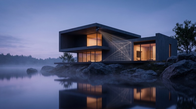 Modern smart home with security camera at dusk
