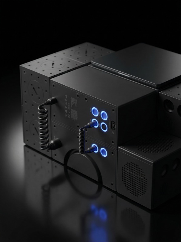 Futuristic Modular Pro Audio Device (stacked Black Metal Modules With Perforated Grilles