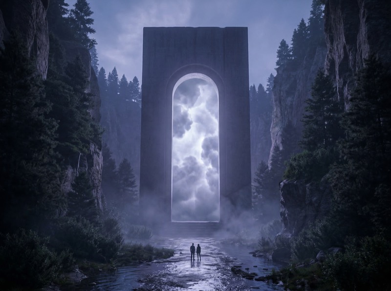 Monolithic Portal in Misty Forest Valley