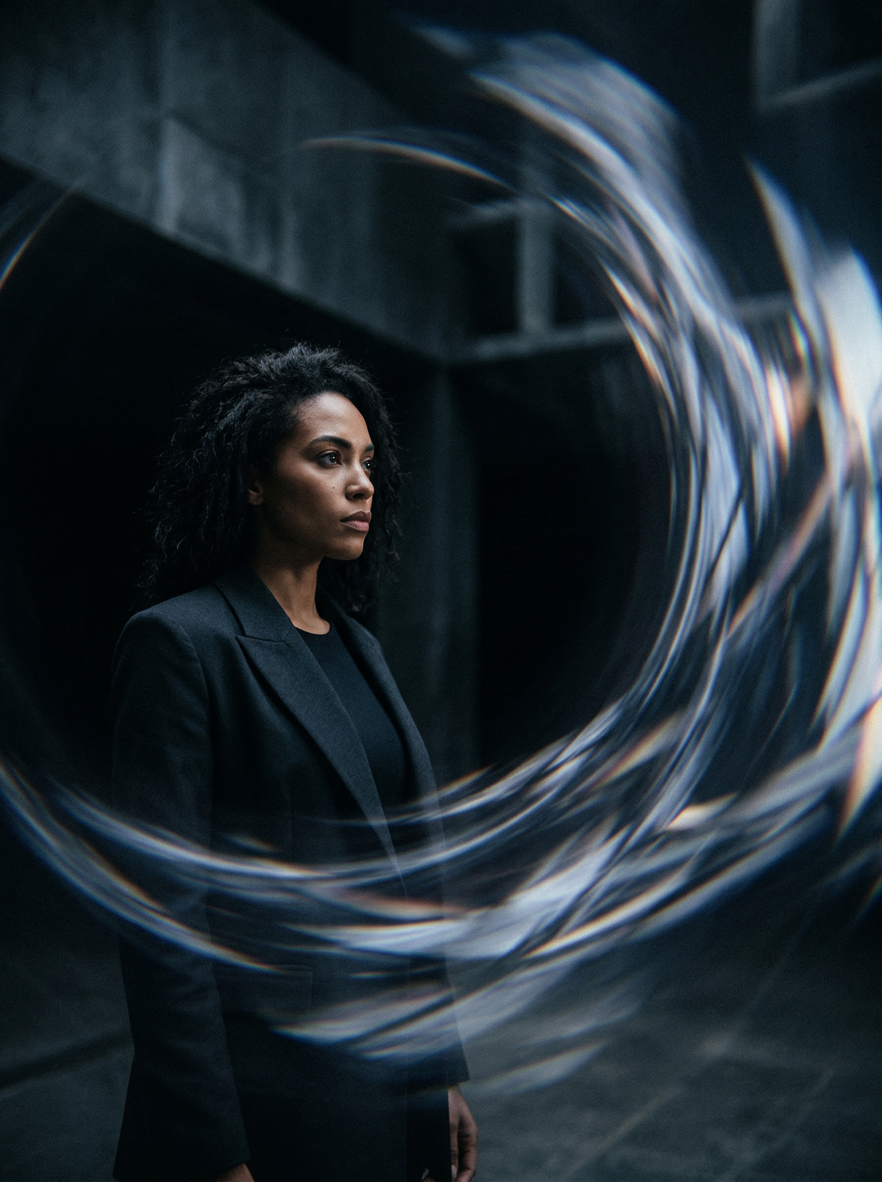Moody portrait with abstract light swirl