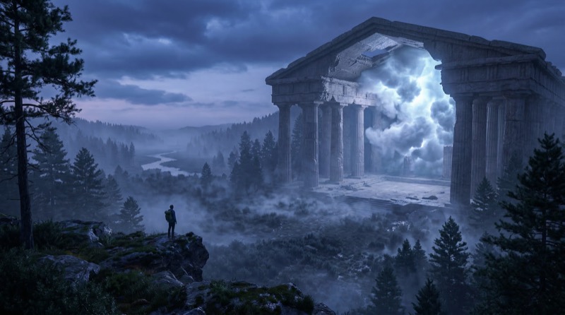 Mysterious Ruined Temple Portal in Misty Forest