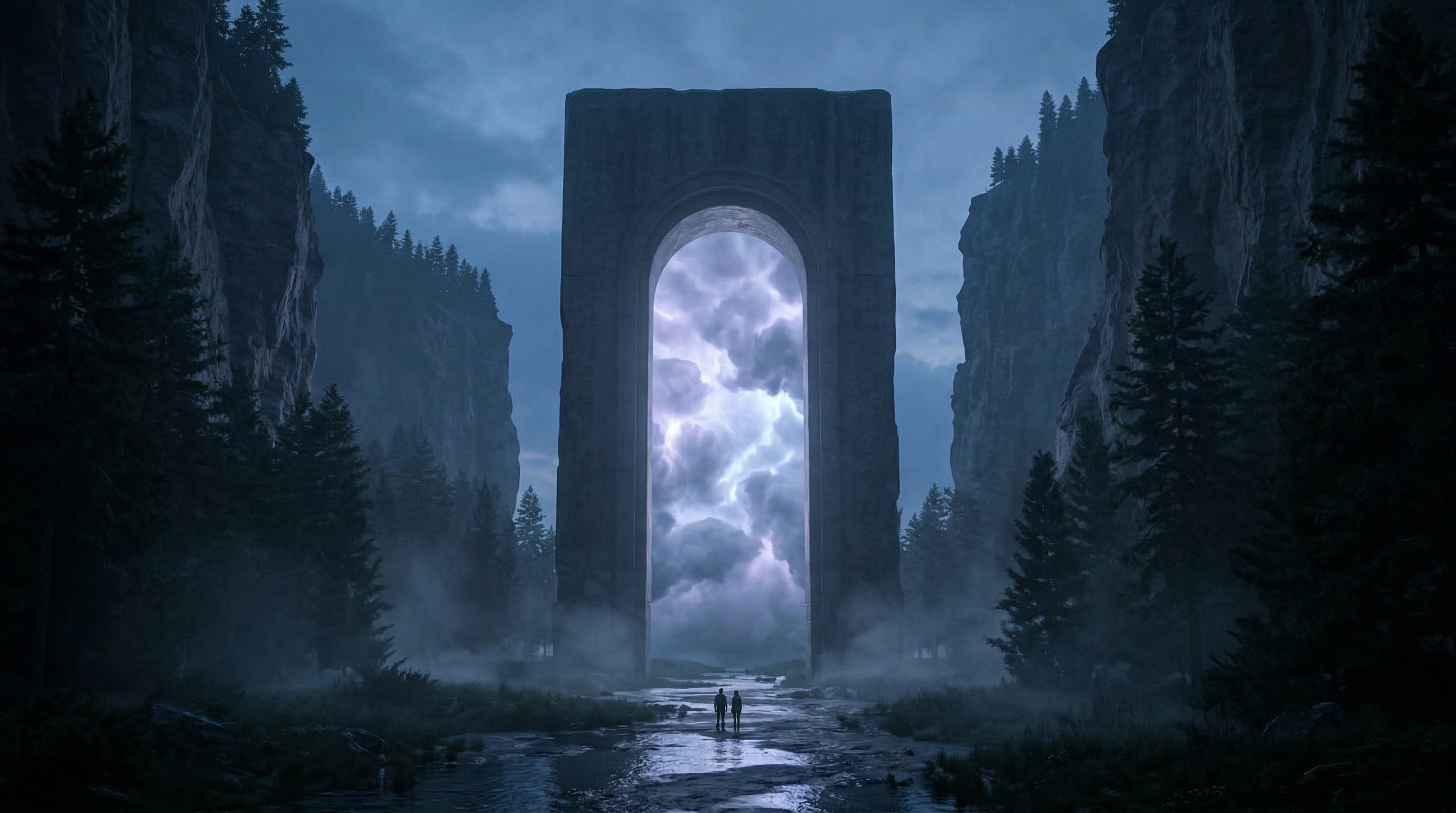 Mystical Stone Arch Portal in Foggy Canyon