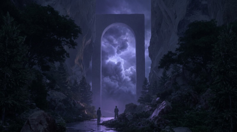 Mystical stone portal in a forest canyon