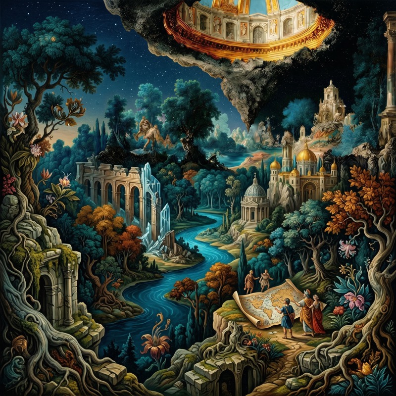 Mythic fantasy valley with ruins and domed city