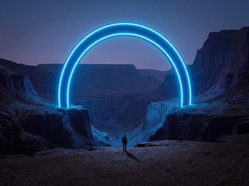 Neon Blue Portal Arc in Desert Canyon at Dusk