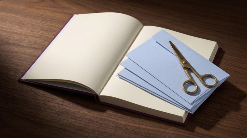 Open notebook with blue paper and scissors