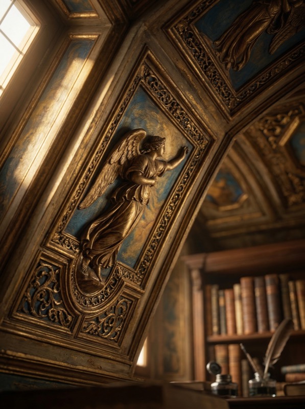 Ornate gilded angel carving in vintage library