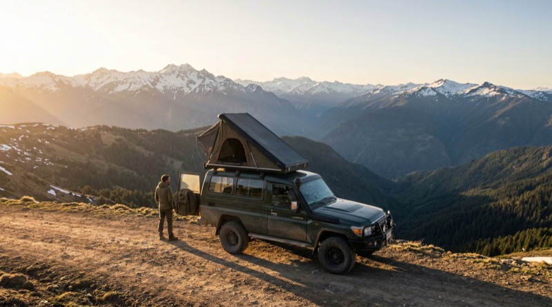Overland camper truck at mountain sunset