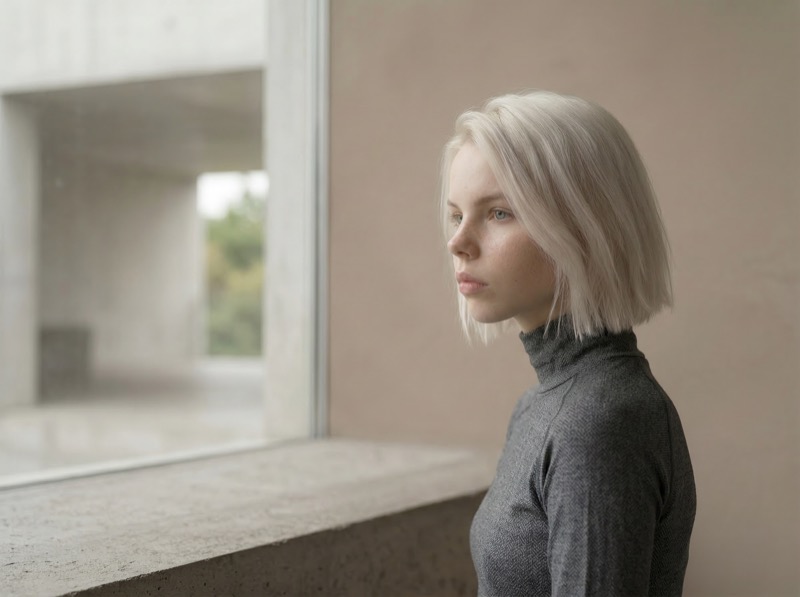 Pensive portrait of blonde woman by a window