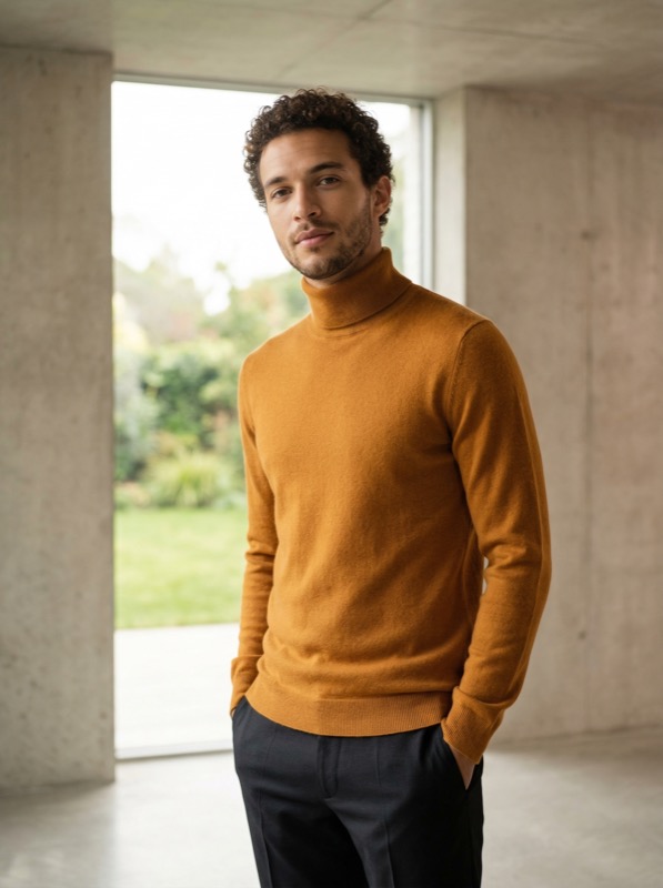 Portrait of man in ochre turtleneck indoors - Image 1