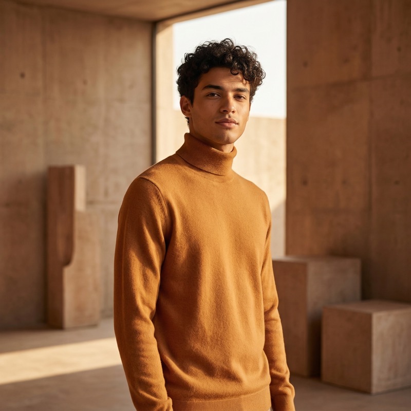 Portrait of man in ochre turtleneck indoors - Image 2