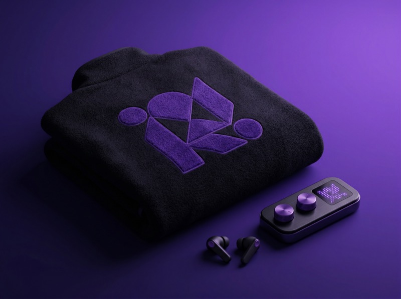 Purple branded hoodie with tech gadgets flat lay