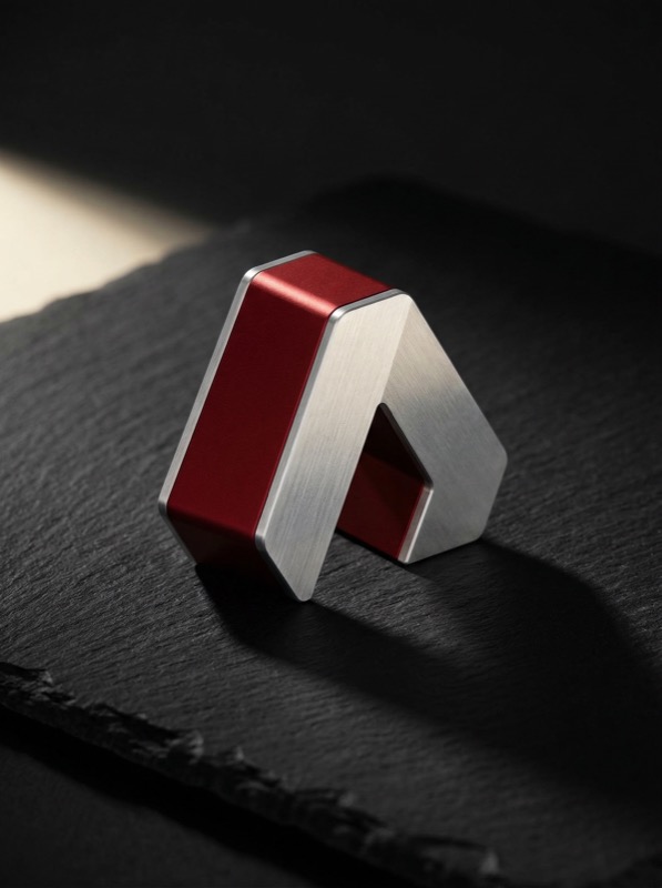 Red and brushed metal geometric object on slate