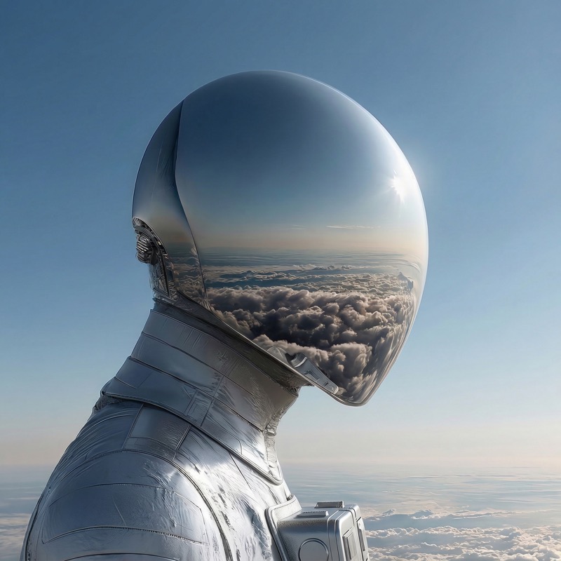 Reflective Astronaut Helmet Above the Clouds