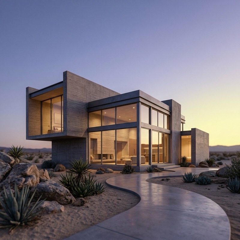 Photoreal Minimalist Architectural Exterior At Blue Hour: A Contemporary Concrete And Glass