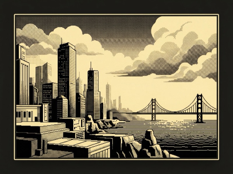 Retro halftone city skyline with suspension bridge