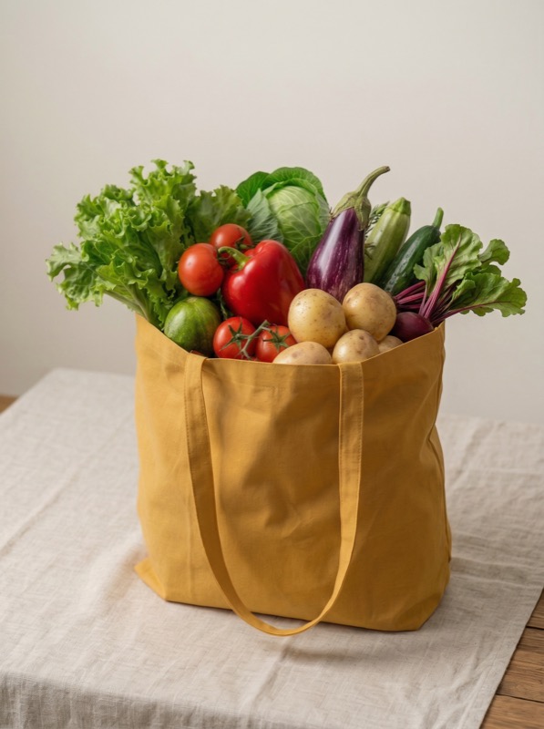 Reusable tote bag filled with fresh vegetables