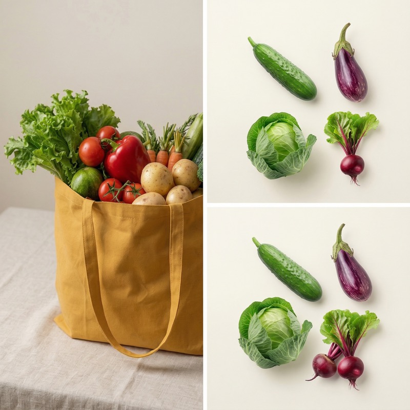 Reusable Tote Bag with Fresh Vegetables Collage