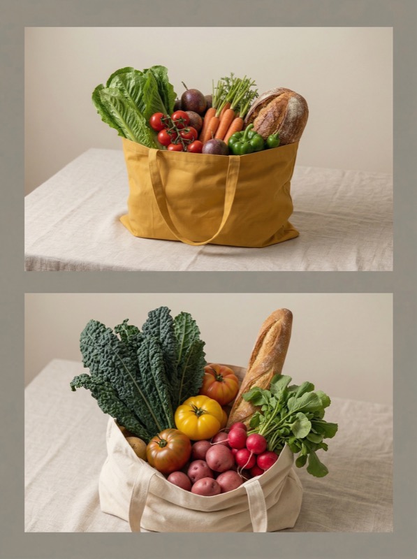Reusable tote bags filled with fresh groceries