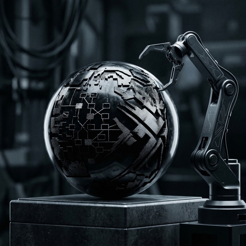 Robotic Arm Inspecting Digital Tech Globe