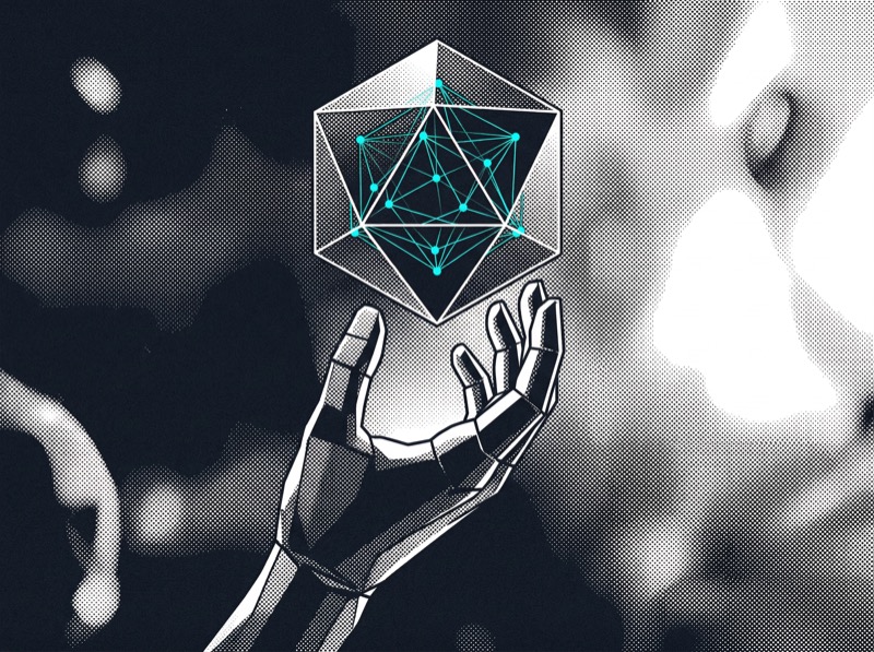 Robotic Hand Holding Digital Network Polyhedron