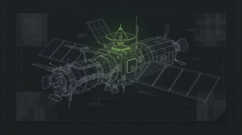 Satellite Wireframe Blueprint on Dark Background