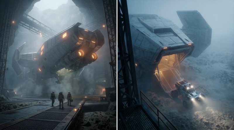 Sci-fi dropship unloading rover in foggy hangar