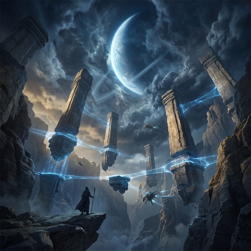 Sci-Fi Ruins with Floating Pillars Under Ringed Moon