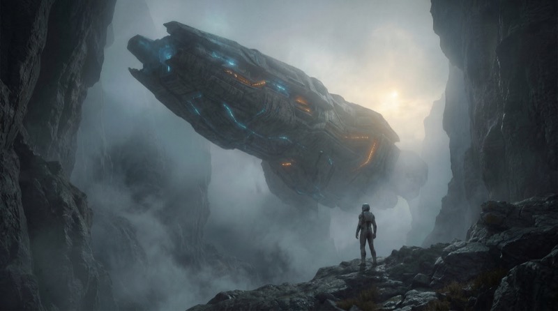 Sci-Fi Spaceship Over Explorer in Misty Canyon